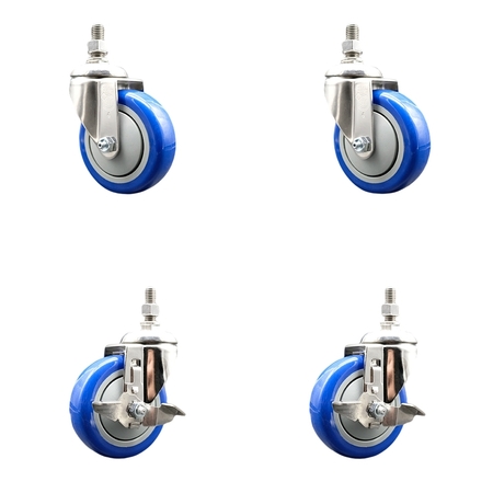 SERVICE CASTER 4 Inch 316SS Blue Polyurethane Swivel 3/8 Inch Threaded Stem Caster Brake, 2PK SS316TS20S414-PPUB-BLUE-381615-2TLB2